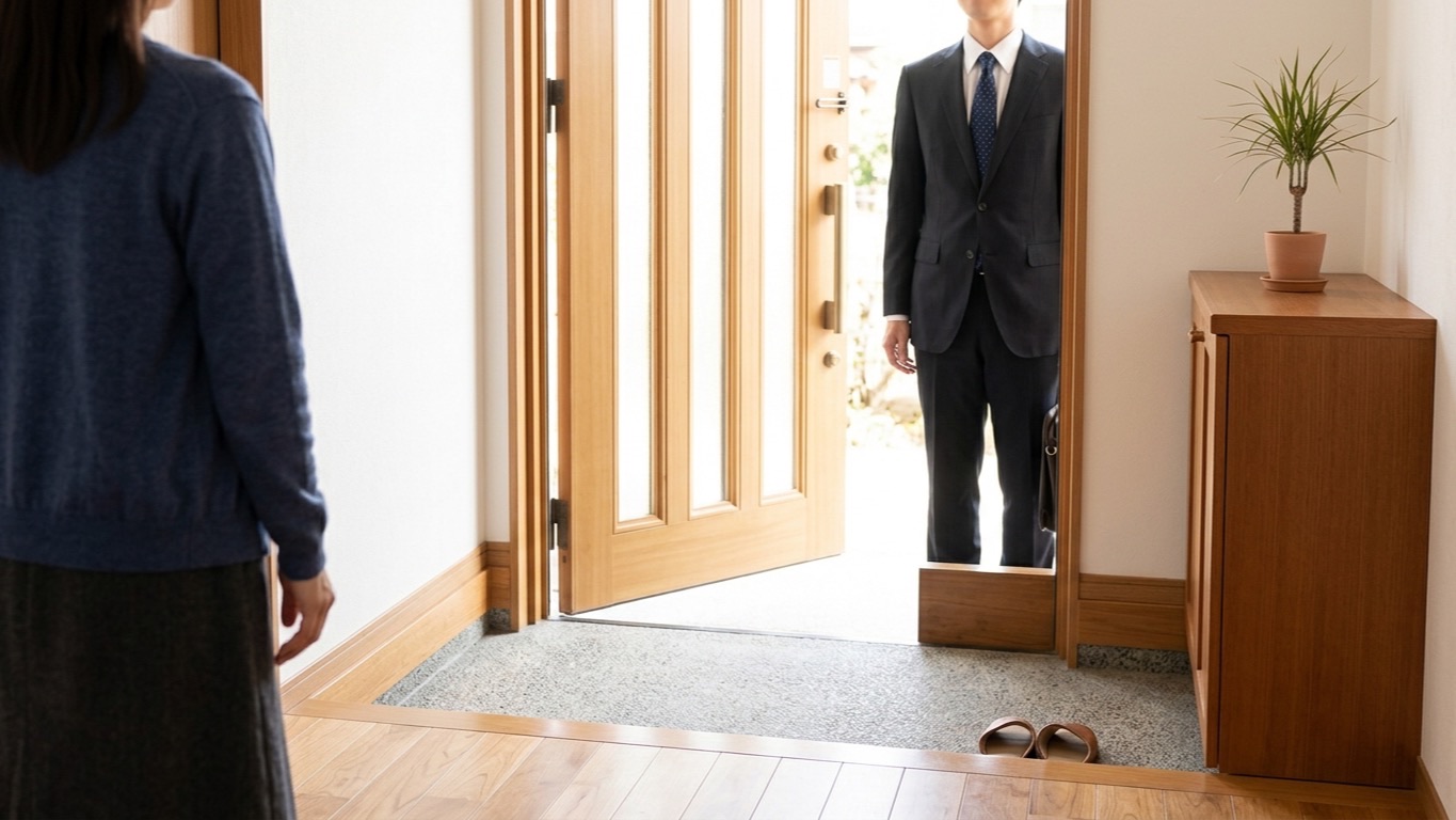 玄関で来訪者を迎える場面。訪問査定は担当者と対面する機会でもある