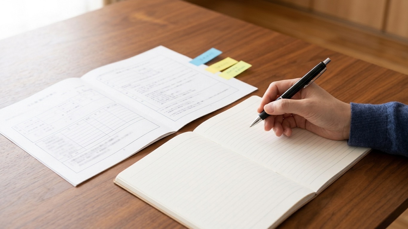 書類に付箋を貼り、確認したいことをノートに書き出している手元